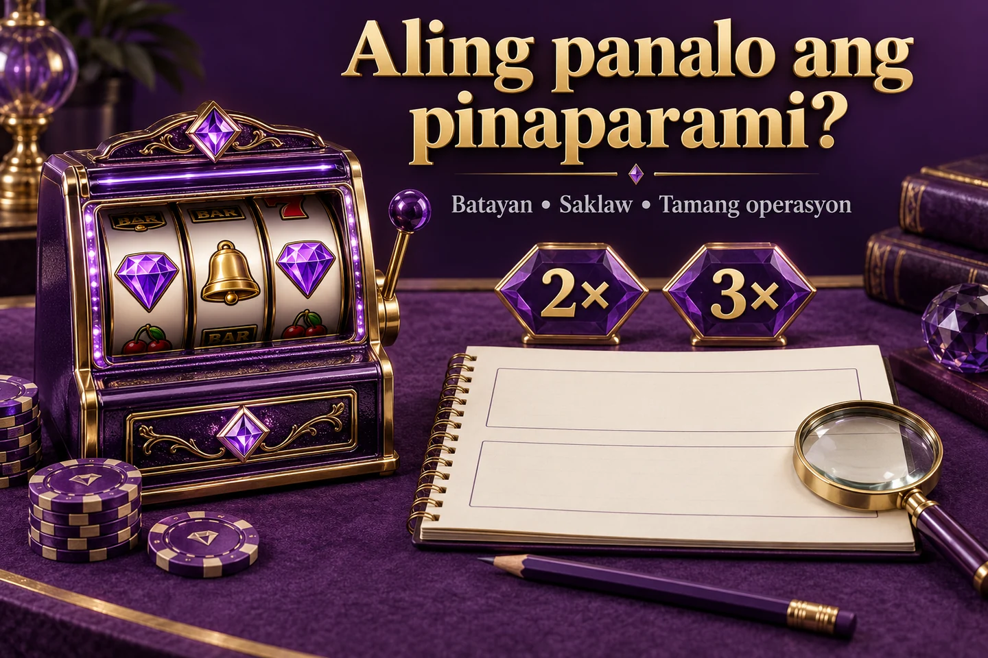 Purple slot cabinet with 2× and 3× plaques and notebook for reviewing the multiplier scope.