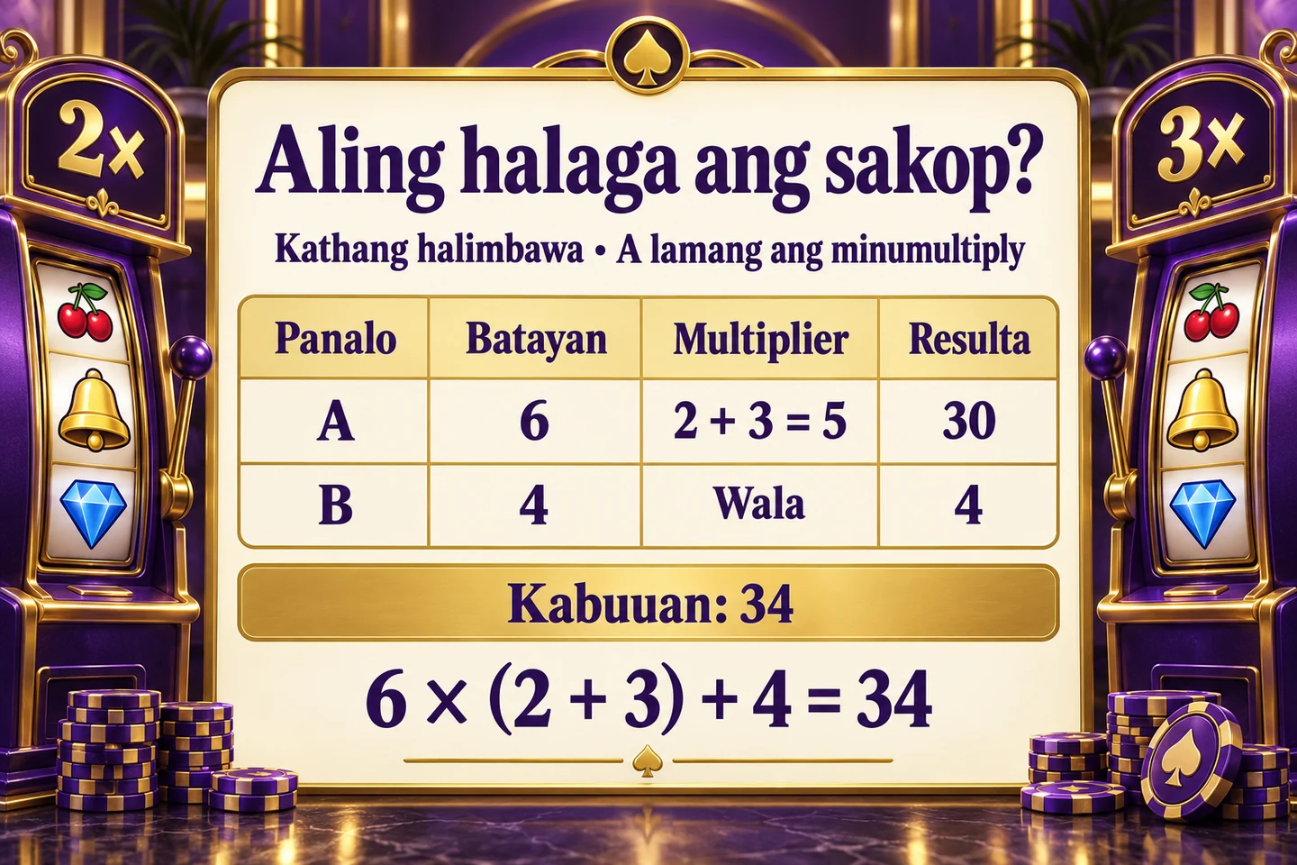 Fictitious calculation: award A 6 × (2+3) = 30, separate B 4, total 34.