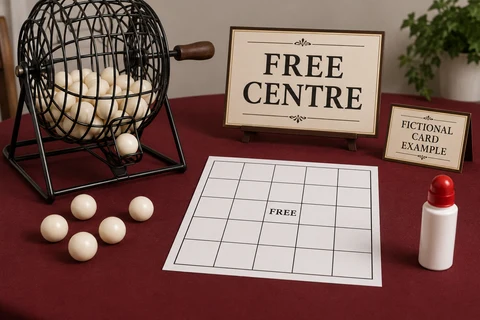 Unbranded bingo cage and blank five-by-five card with a FREE centre beside teaching plaques