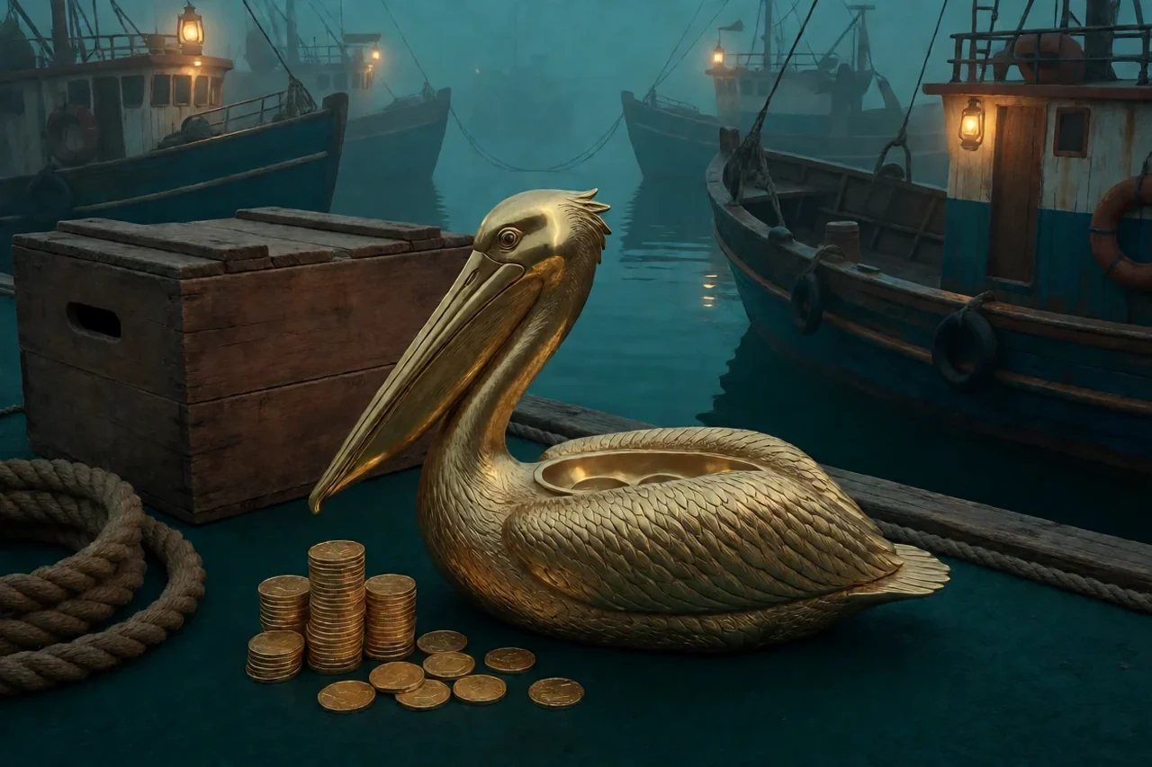 Golden pelican-shaped coin tray on a teal harbour dock at dusk, with stacked gold coins, a wooden crate and moored boats behind.