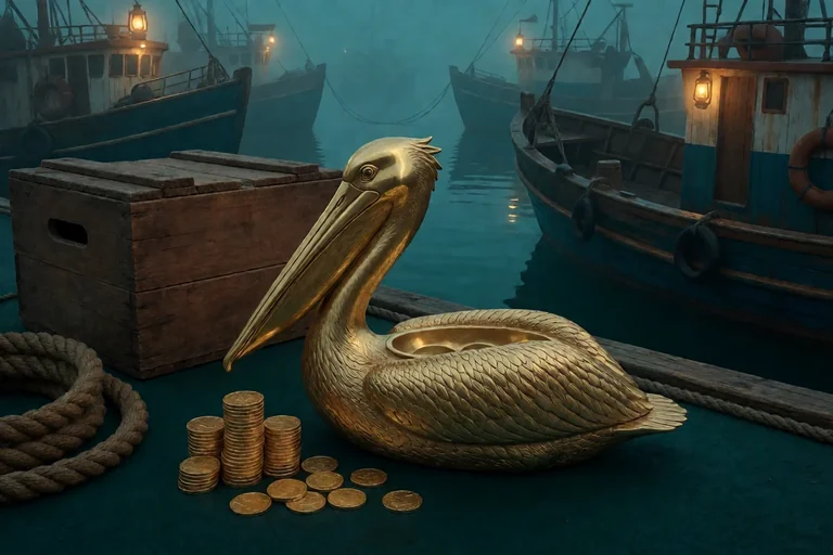 Golden pelican-shaped coin tray on a teal harbour dock at dusk, with stacked gold coins, a wooden crate and moored boats behind.