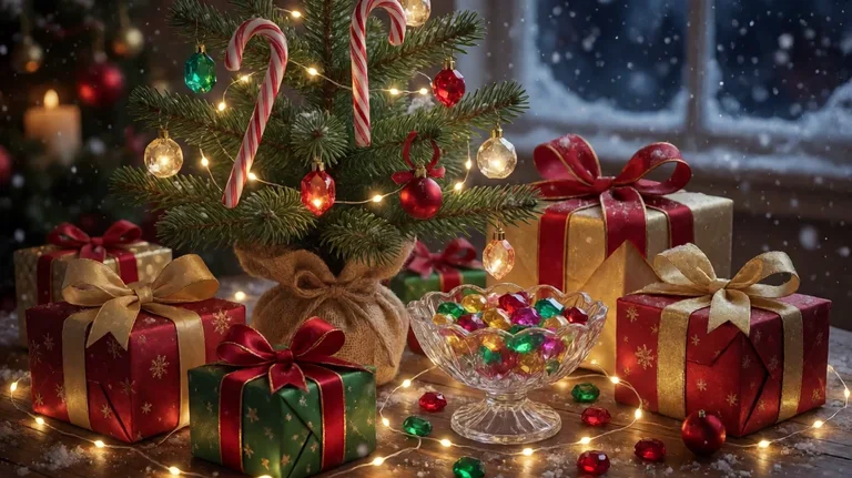 A small decorated pine tree with gemstone ornaments and candy canes beside wrapped gifts and a crystal bowl of colourful candies on a snowy evening table