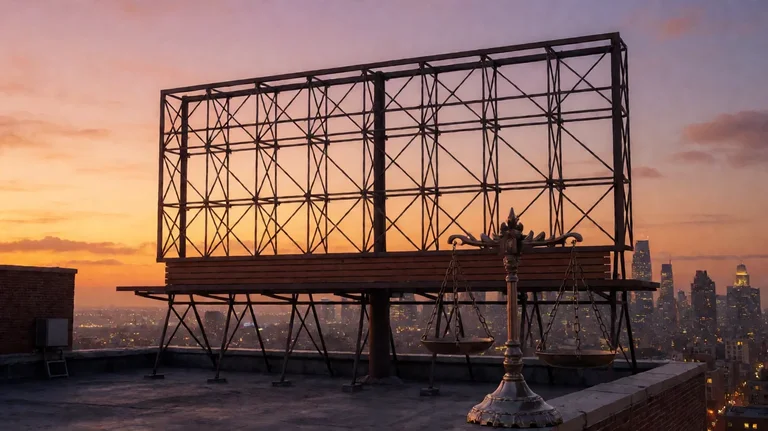 An empty billboard frame of bare steel scaffolding on a city rooftop at sunset, with a bronze balance scale on the ledge and a lit skyline behind