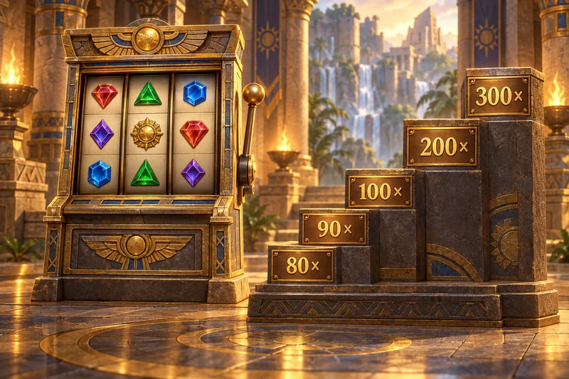 Temple-style slot cabinet with multiplier plaques 80 ×,90 ×,100 ×,200 × and 300 ×.